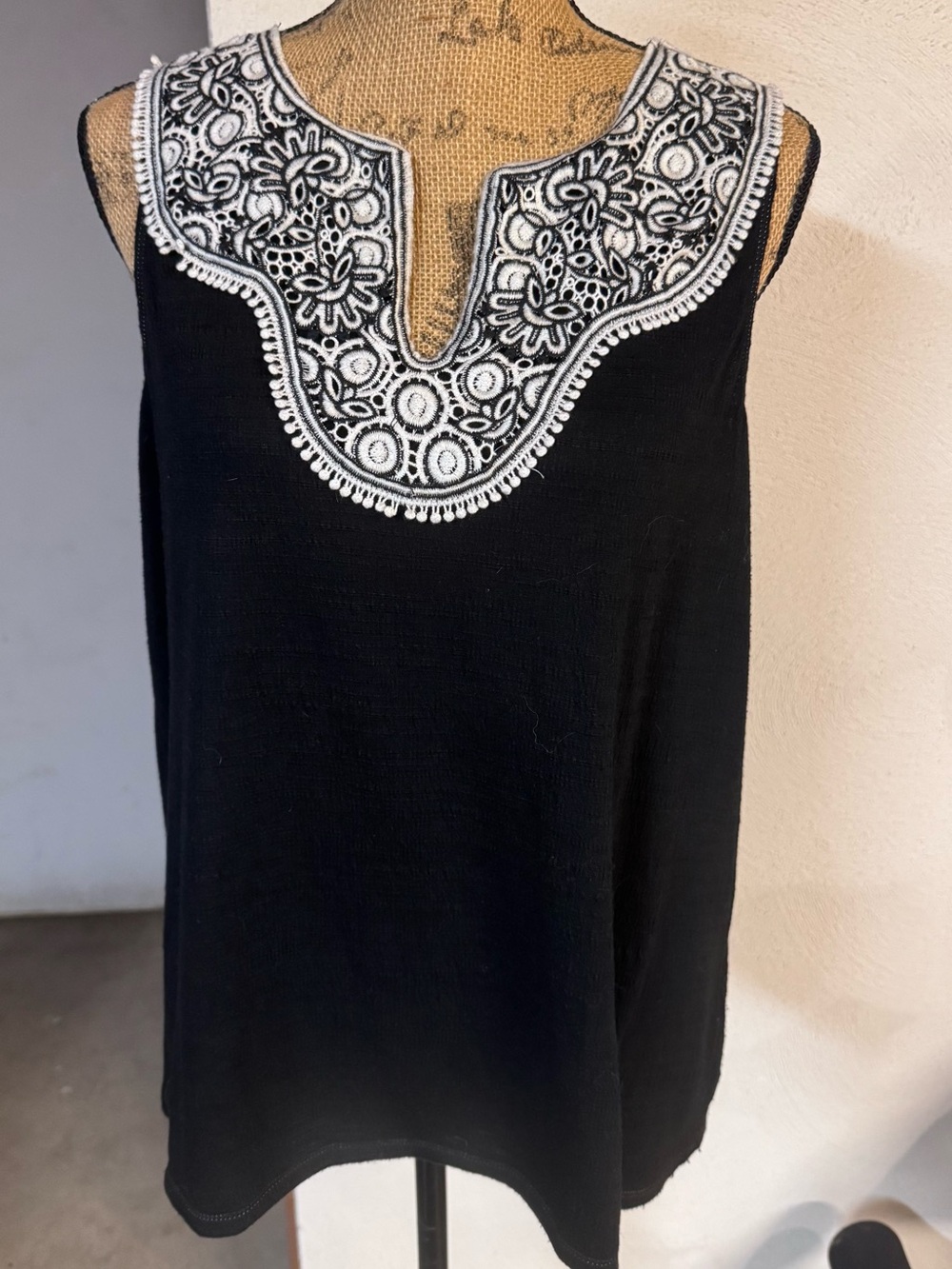 Max Studio Black Tank Top with White Embroidered Yoke